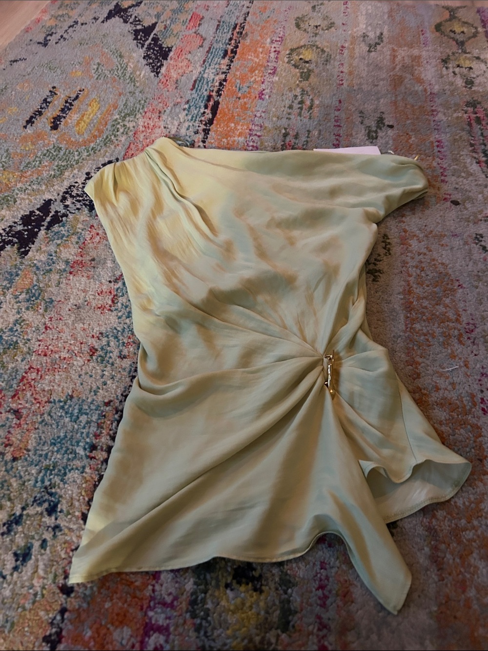 Zara Pale Green One-Shoulder Twist-Detail Dress with Gold Accent